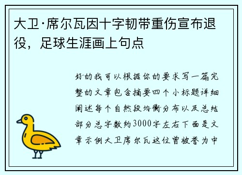 大卫·席尔瓦因十字韧带重伤宣布退役，足球生涯画上句点
