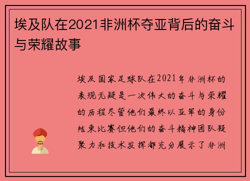埃及队在2021非洲杯夺亚背后的奋斗与荣耀故事