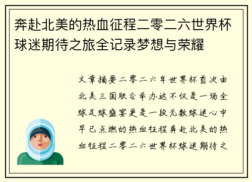 奔赴北美的热血征程二零二六世界杯球迷期待之旅全记录梦想与荣耀